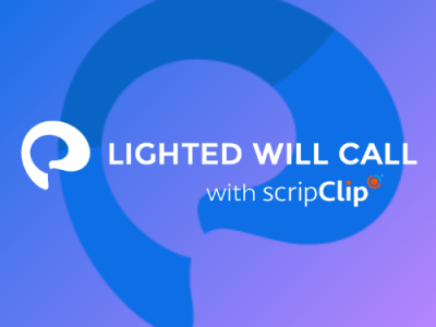 Emporos swoosh logo placed behind text saying "Emporos Lighted Will Call with scripClip"