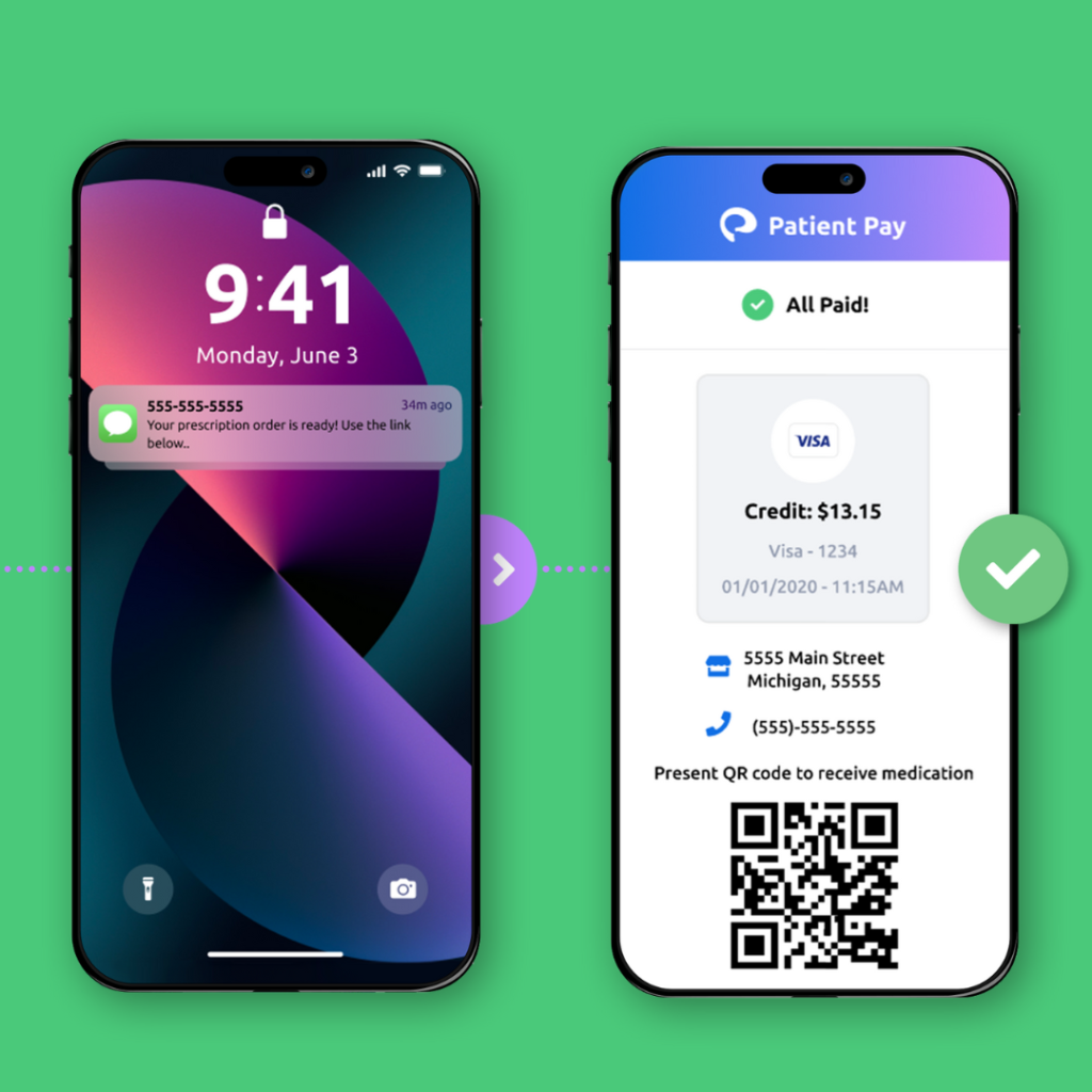 Patient Pay - patient receives text that RX is ready for pickup. Pays and gets QR code