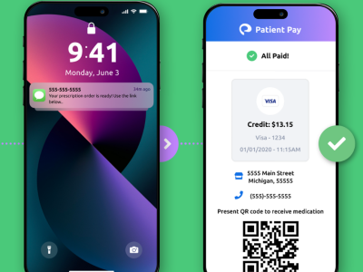 Patient Pay - patient receives text that RX is ready for pickup. Pays and gets QR code